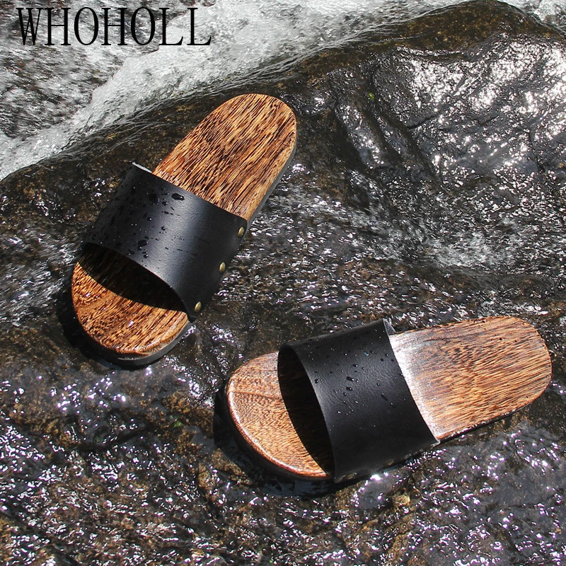 WHOHOLL Geta hombre zapatillas de verano antideslizante sandalias de playa de hombre de madera bien desodorización zuecos de madera al aire libre
