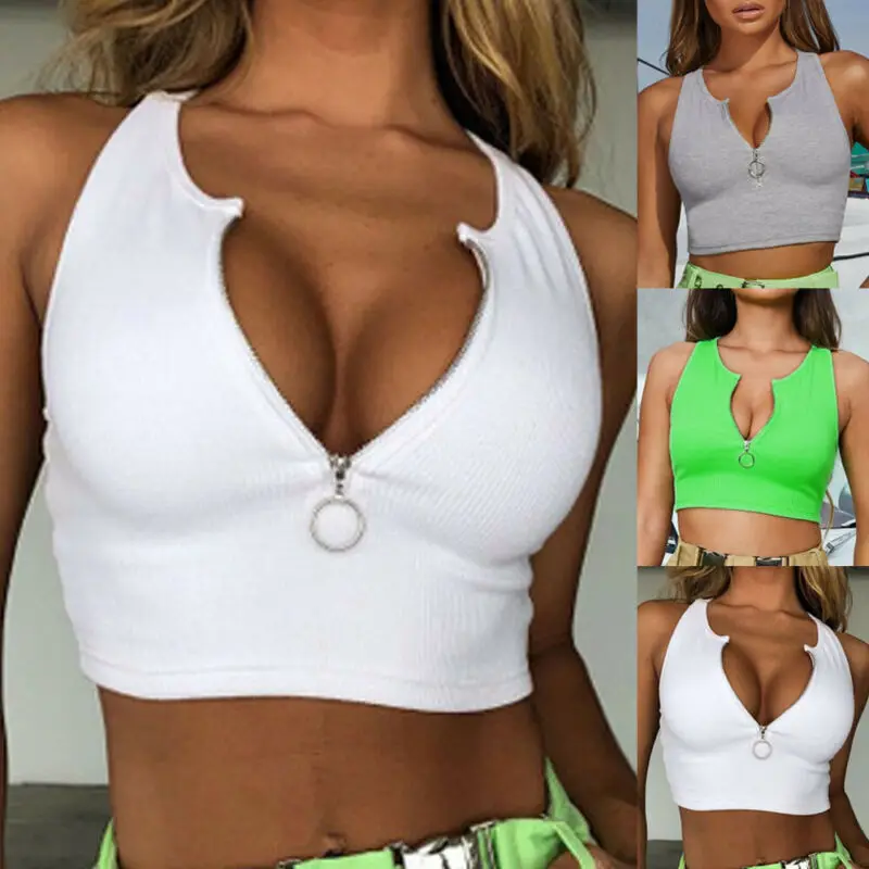 Женский сексуальный жилет на молнии с v-образным вырезом, укороченный топ без рукавов, тонкий жилет, топы на бретелях, Клубная одежда, футболка, хлопок, Cami, тонкий летний
