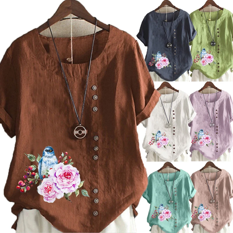 

New Arrival Summer Fashion Women's Flower Printed Linen T-shirt Casual Loose Round Neck Short Sleeve Shirt Blouse Tops Plus Size