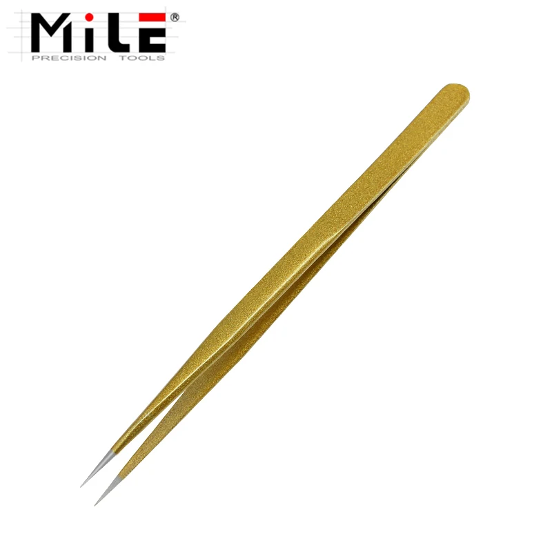 MILE Precision Anti-static140mm Gold Straight Tweezers Stainless Steel Electronic Pointed Tip Straight Tweezer Forceps