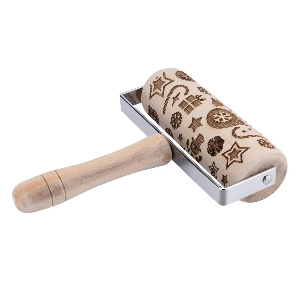 Christmas Embossing Wooden Rolling Pin Baking Cookies Noodle Biscuit Fondant Cake Dough Engraved Roller Reindeer Snowflake