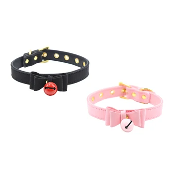 

2Pcs Bow Collar Necklace Choker With Bell Cat Cosplay Necklace Black+Pink