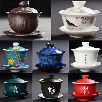 

Brand New Gaiwan Chinese KungFu Tea Cups Porcelain Tea Bowl Ware Tureen Ceramic Kung Fu Gai Wan Teaset and Saucer Tea set