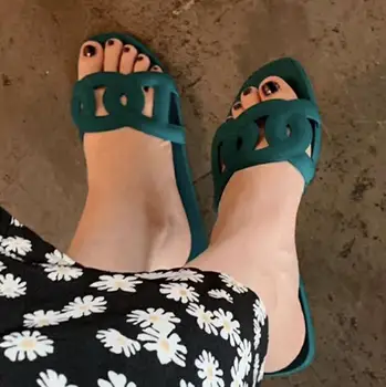 

green Leather Cut-outs Brand Design Women Slides Flats Zapatos De Mujer Outdoor Shoes Woman Summer Sandals