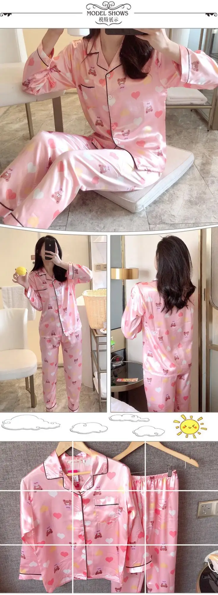 Spring And Autumn Long Sleeve Trousers Pajamas WOMEN'S Suit Imitated Silk Fabric Cardigan Fold-down Collar Viscose Sweet Two-Pie
