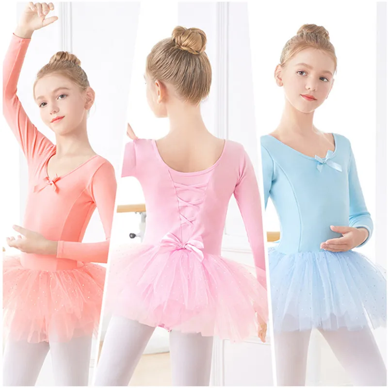Girls Dance Costumes Ballet Leotard Dance Leotard Girls Ballet Dance Tutu Dress Kids Children Short /Long Sleeves Tulle V Back Bowknot Gymnastics Leotard Dance Wear