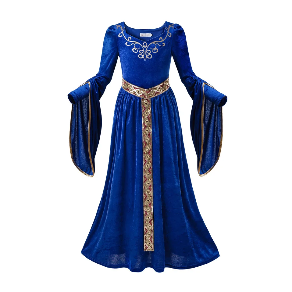 Pettigirl Halloween Costume Girl Maxi Dress Medieval Blue Velvet