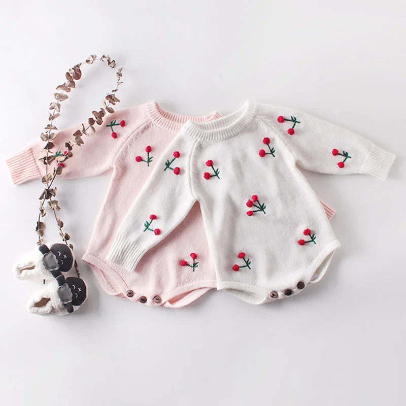 Комбинезон для маленьких девочек; Осенний комбинезон для новорожденных; трикотажная одежда для малышей с длинными рукавами; хлопковый комбинезон с вишенками для младенцев; Одежда для девочек