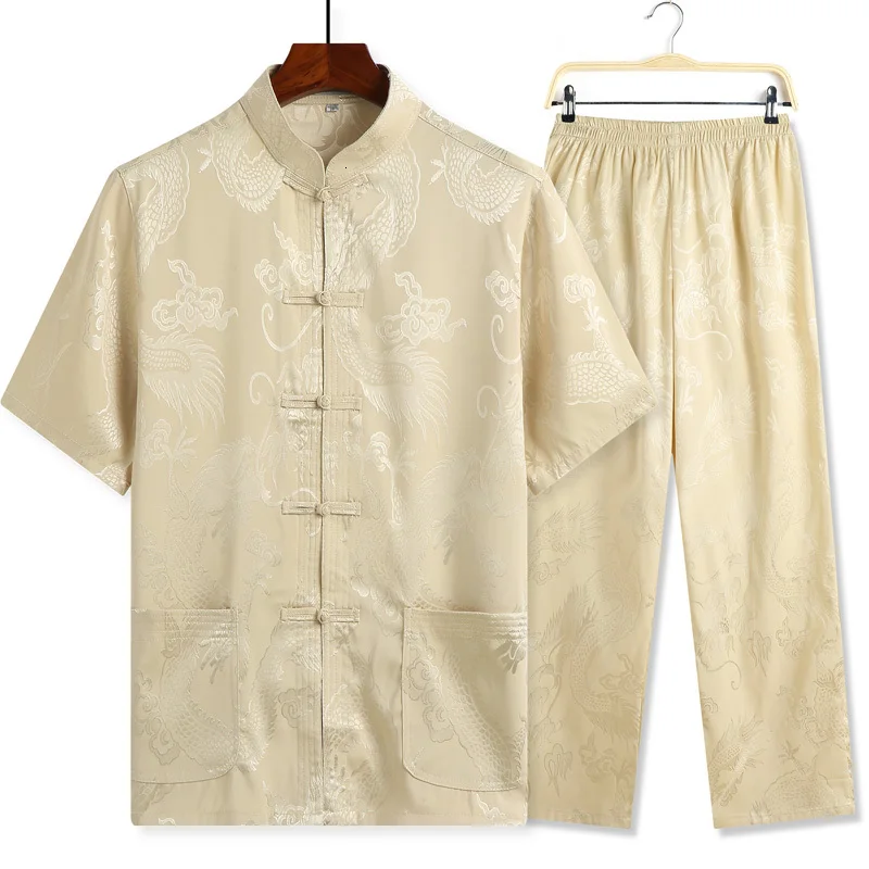 beige short sleeve Большие размеры 4XL синий китайский мужской костюм Тан наборы с коротким рукавом Длинные брюки дракон Кунг фу костюм атласный Шелковый Wu Shu Tai Chi наборы - Цвет: beige short sleeve