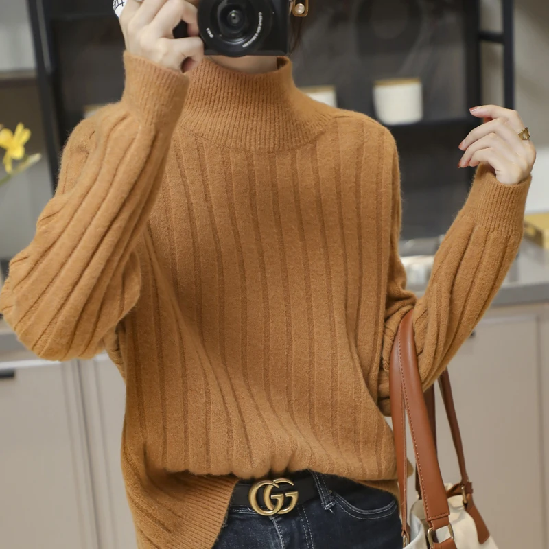 

Autumn/Winter New Women Pure Wool Sweater Half-high Neck Slim Thick Pullover Warm Pit Strip Design Cashmere Knit Bottoming Shirt