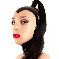 Sexy Latex Mask Rubber Hood Handmade with  with Black Hair Pigtail Open Eye and Mouth Back Zipper Women Cosplay Costumes