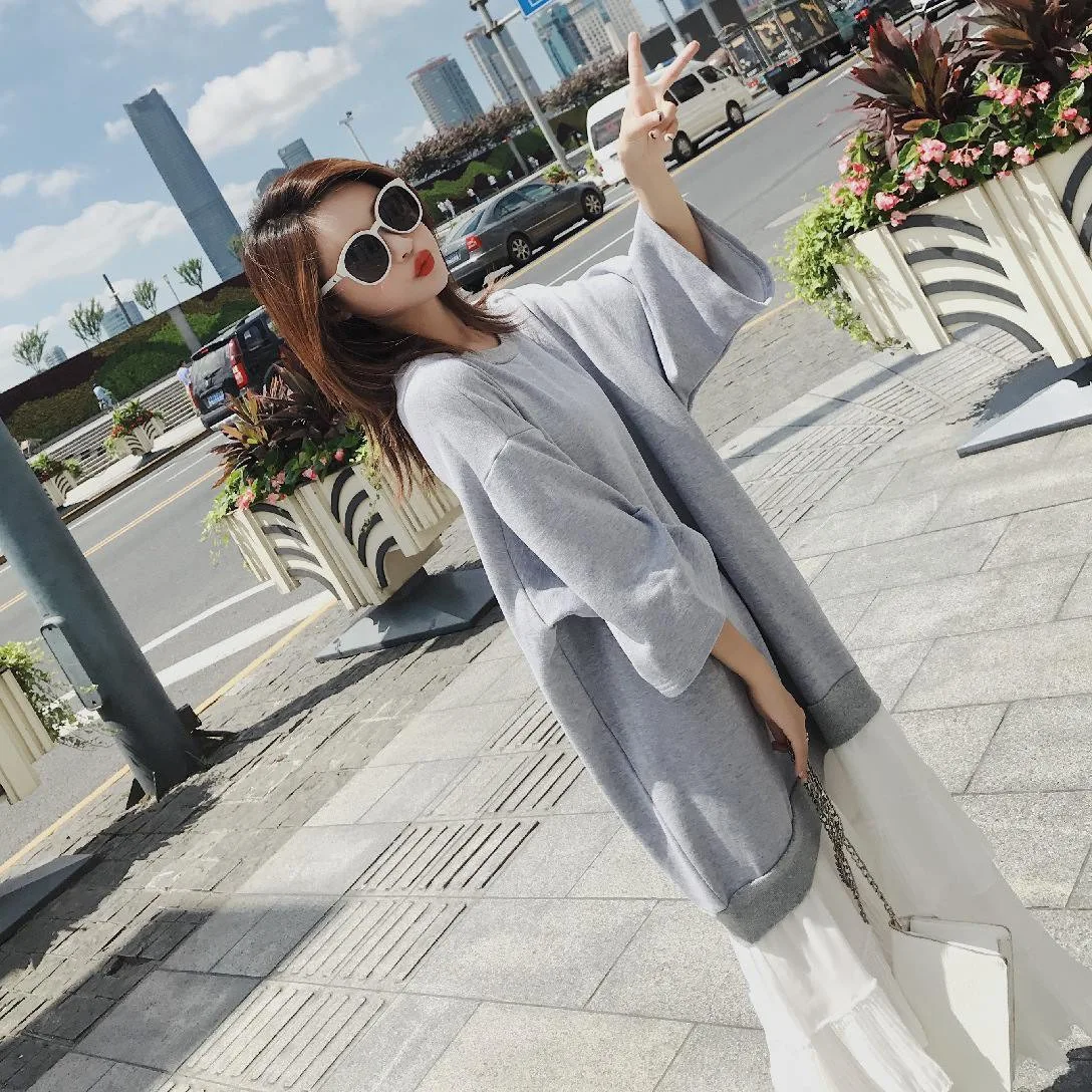 

Photo Shoot Sweet Flounced Joint Mock Two-Piece Hoodie Dress INS Elegant Three-quarter-length Sleeve Crew Neck Fishtail Dress Au