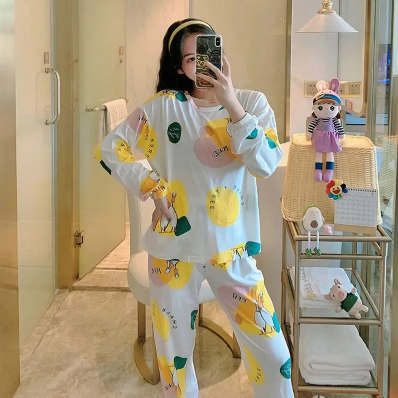 

Women Homewear Suits Prints Comfy Loose Casual Round Neck Long Sleeve Top And Pants 2-Piece Sleepwear Set