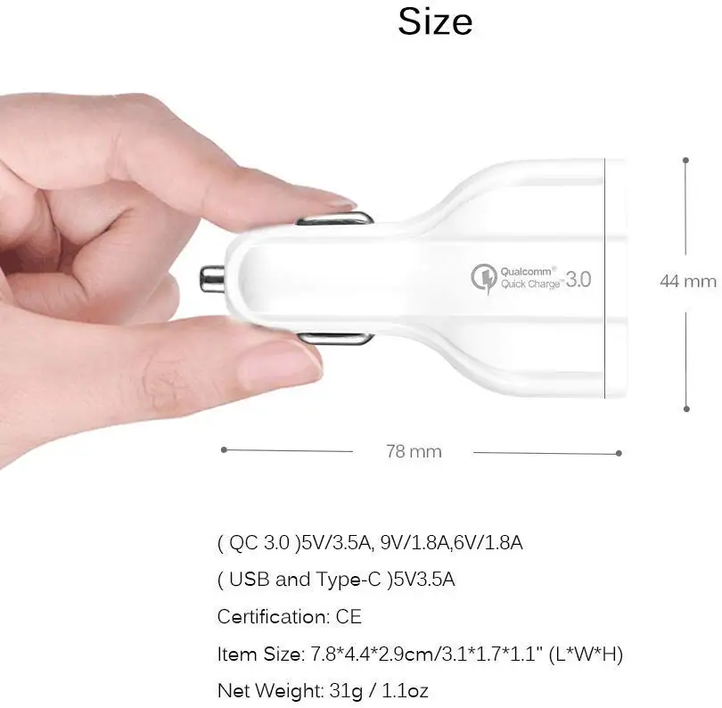 USB C автомобильное зарядное устройство, быстрая зарядка 3,0 двойной USB быстрая зарядка для iPhone XR/XS Max/8 Plus, samsung Galaxy Note 9(белый