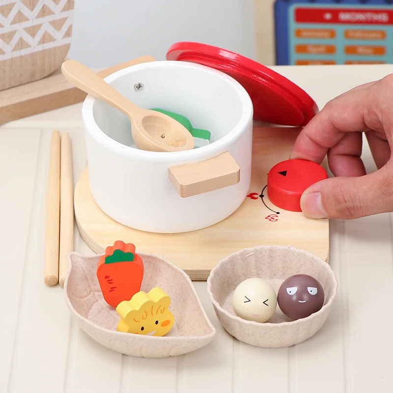 Деревянные кухонные игрушки для семьи, мини кухонная утварь, маленький набор горячих горшков, детский имитационный набор для приготовления пищи, жарки, супового горшка и миска