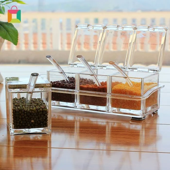 

4 Grid Kitchen Seasoning Box Set Crystal Transparent Seasoning Jar Salt Sugar Creative Seasoning Spoon Box Kitchen Gadget Cozy