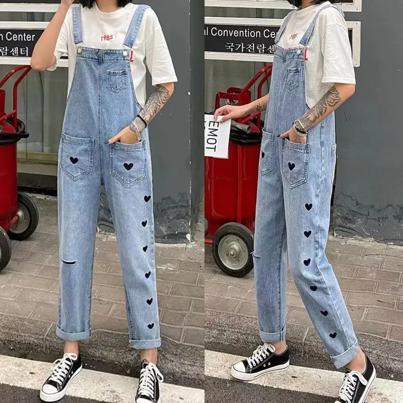 Women's Denim Overalls Love Denim Overalls 2021 Early Spring New Fashion Korean Loose Retro Fitness Overalls Jumpsuit spring denim overalls women s age reduction 2021 spring women s new style korean loose foreign style jumpsuit