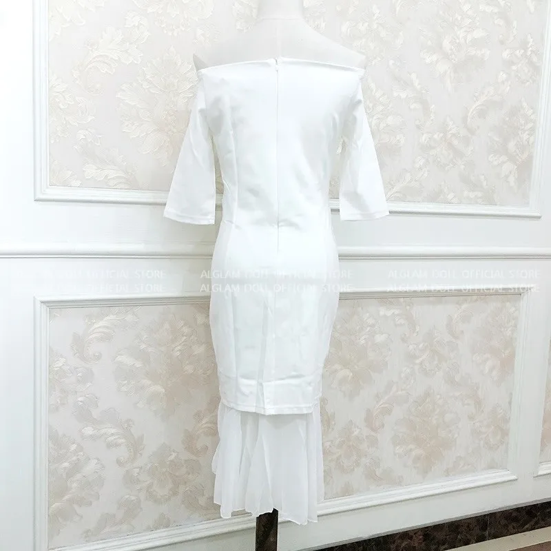 Весна Slash шеи Белый Bodycon Оболочка Высокая талия шифон Patchwok длиной до колена рыбий хвост Вечерние платья