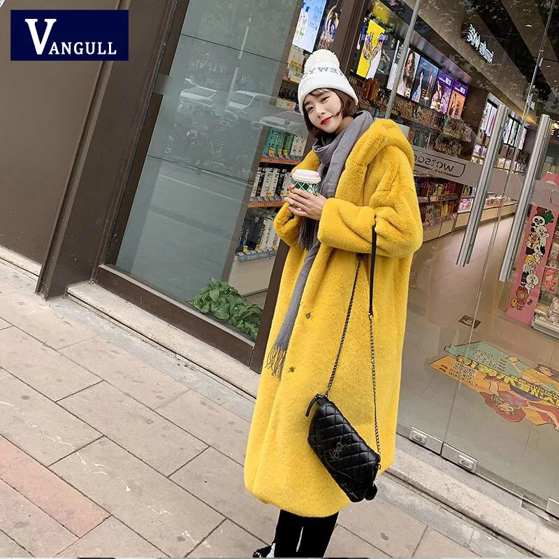 Vangull зимнее женское пальто высокого качества из искусственного кроличьего меха роскошное длинное меховое пальто Свободное пальто с капюшоном толстое теплое женское плюшевое пальто
