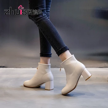 

Martin boots autumn and winter leather thick-heeled short boots women were thin, front zipper all-match high-heeled short boots