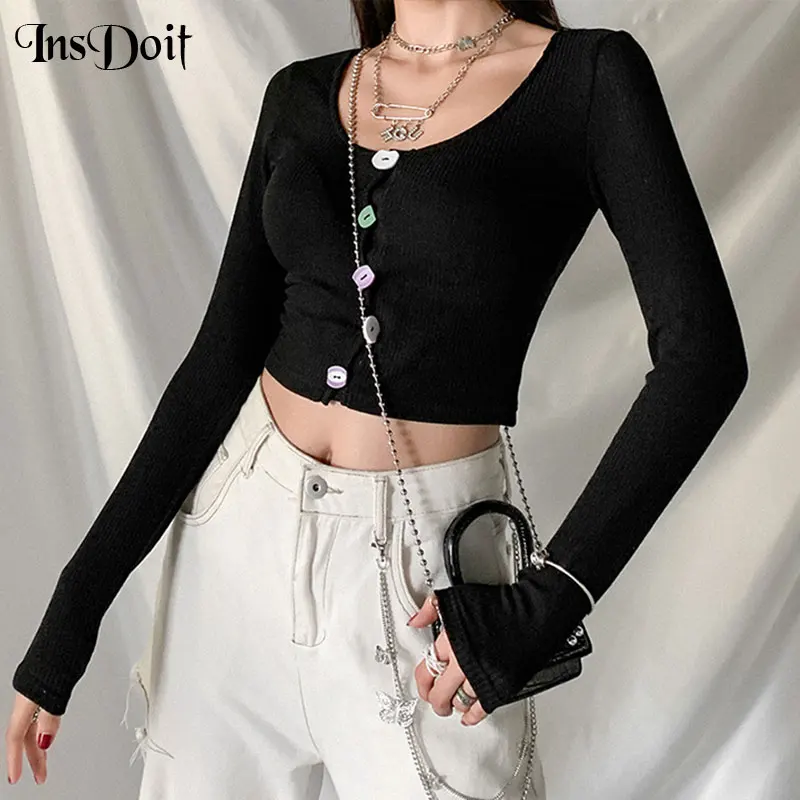 

InsDoit Punk Goth Bodycon Black Tops Women Streetwear Button Up Long Sleeve Crop Tops Harajuku Casual Women Autumn Basic Tops