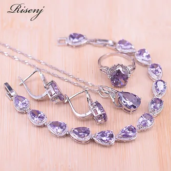 

Risenj Purple Crystal Silver Color Costume Jewelry Set For Women Ring Earrings Necklace Pendant Bracelet Set Bridal Jewelry