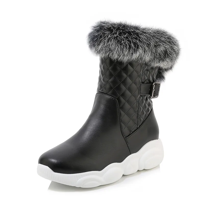 Sweet Ladies Quilted Mid-calf Boots Warm Faux Fur Winter Snow Shoes for Women Female Thermal Sneakers Boots Larger Size 46 - Цвет: black boots