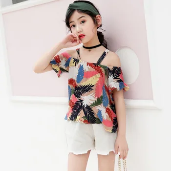 

2019 Kids Summer Boutique Two 2 Pieces Matching Print Leaf Strapless Top And White Shorts Pants Shorts Two Pieces Girl Outfit