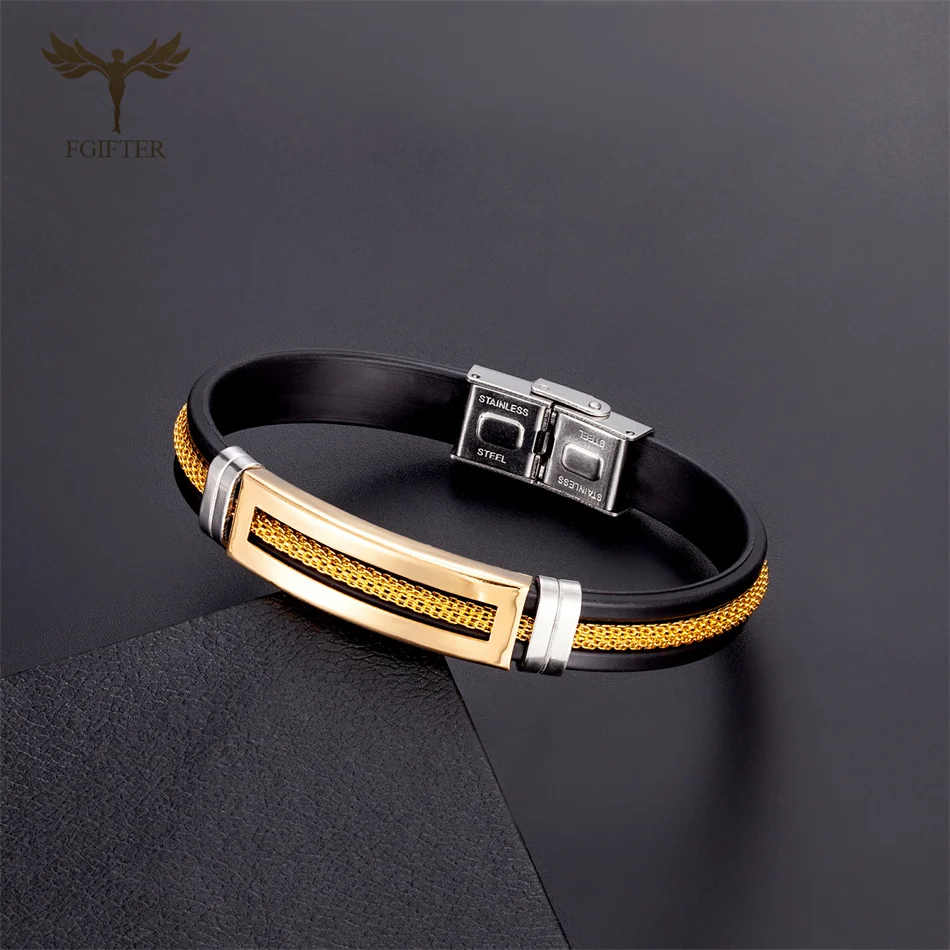 Men Stainless Steel Bracelets Black Silicone Wristband Belt with Golden Chain Cool Wrap Cuff Bangle Fashion Jewelry Accessories bangle bracelet,chain bracelet,stainless steel bracelet