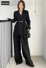

Black Suits Sets Womens Spring Autumn High Street Korean Casual Single Breasted Vintage Blouse Wide Leg Pants Two-Piece Suit