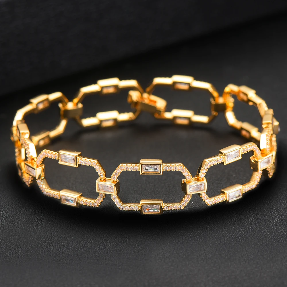 Brand Luxury Square Link Chain Bracelets Bangles Cubic Zircon CZ Vintage Bohemian Cuff Bracelets For Women Femme Fashion Jewelry