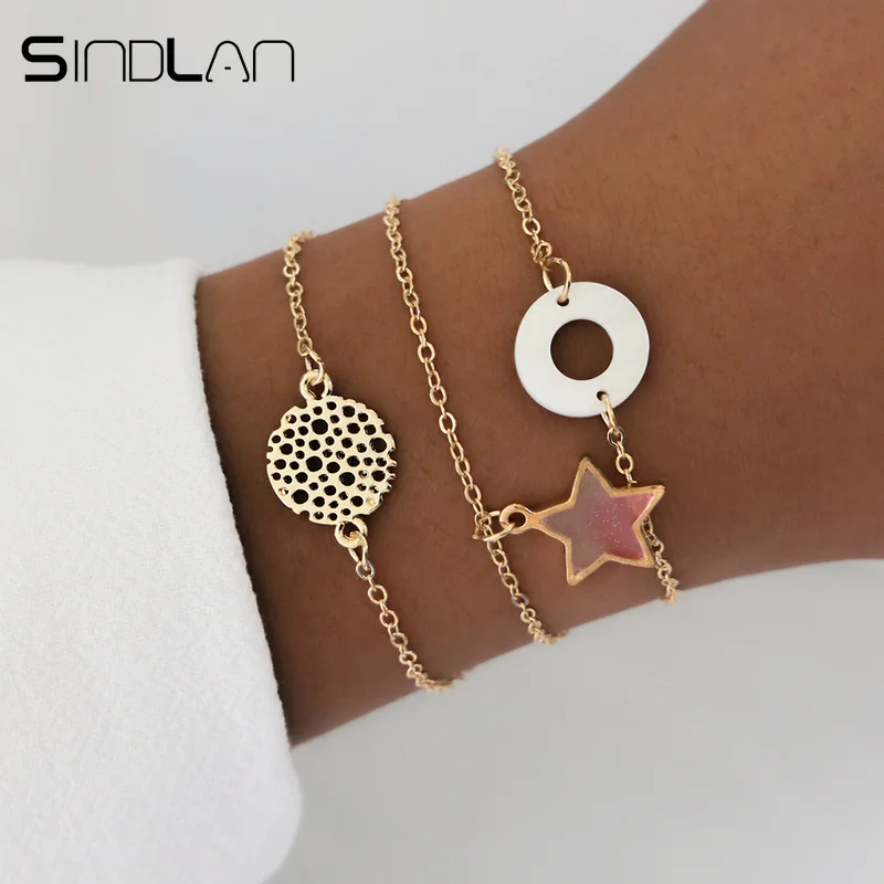 

Sindlan 3PCs Korean Hollow Flower Star Bracelets for Women Round Rhinestone Charm Link Chain Boho Bracelets Set Wrist Jewelry
