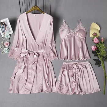 

Imitation Silk Pajama Woman Summer Sexy Silk Dressing Gown With Shorts Three Suits Of Thin Style Intimate Lingerie Home Clothes