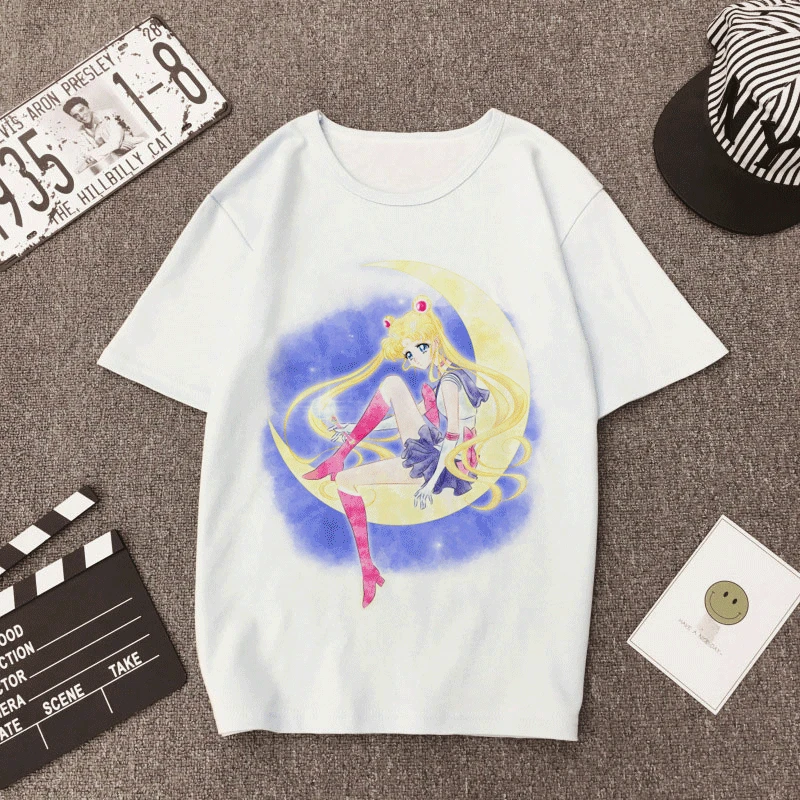 Сейлор Мун Лето Новая модная футболка Harajuku короткий рукав Забавный Ulzzang футболка большой глаз девушка футболка мультфильм женские топы тройники
