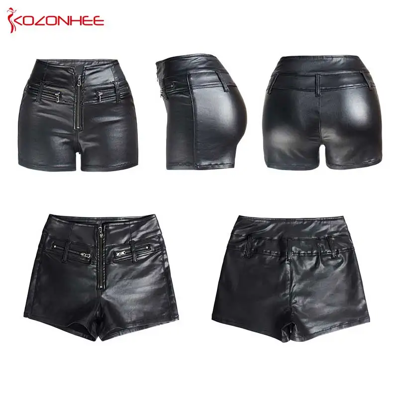 Sexy Tight Mid Waiste Black PU leather shorts For Women Tight Vintage Slim PU leather Shorts Femme Shorts Women #94