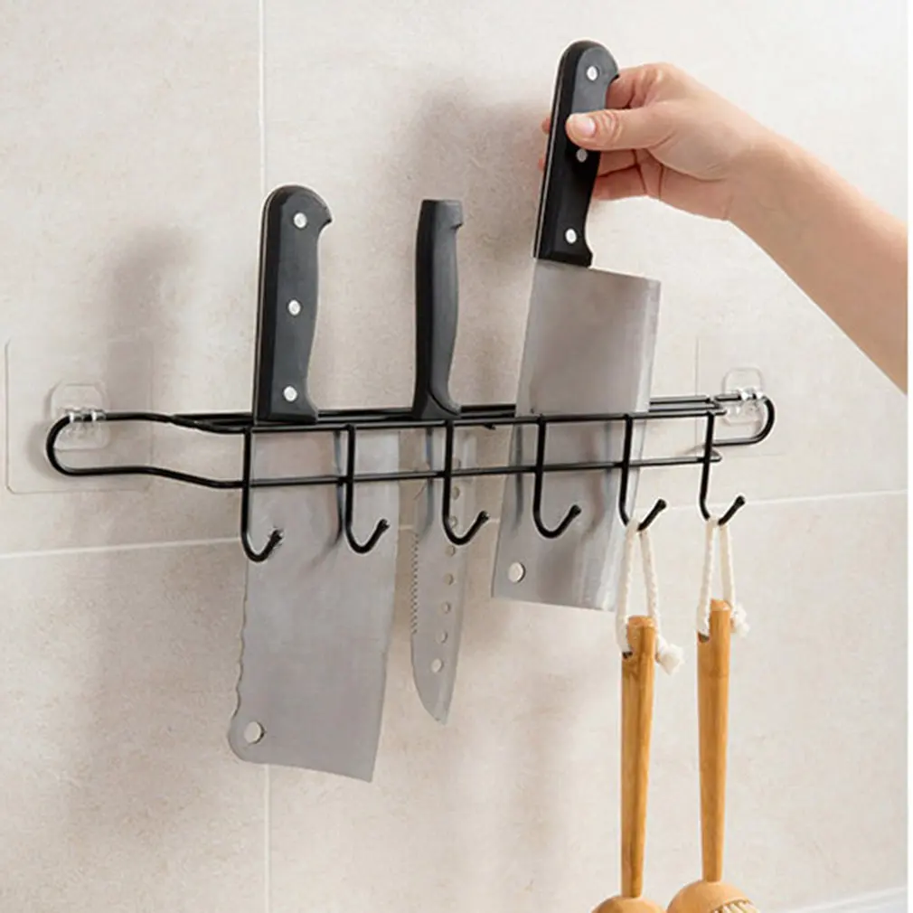 Home Free Punch Wrought Iron Knife Holder No Trace Paste Kitchen Rack Multi-function Wall Hanging Knife Spoon Spatula Rack
