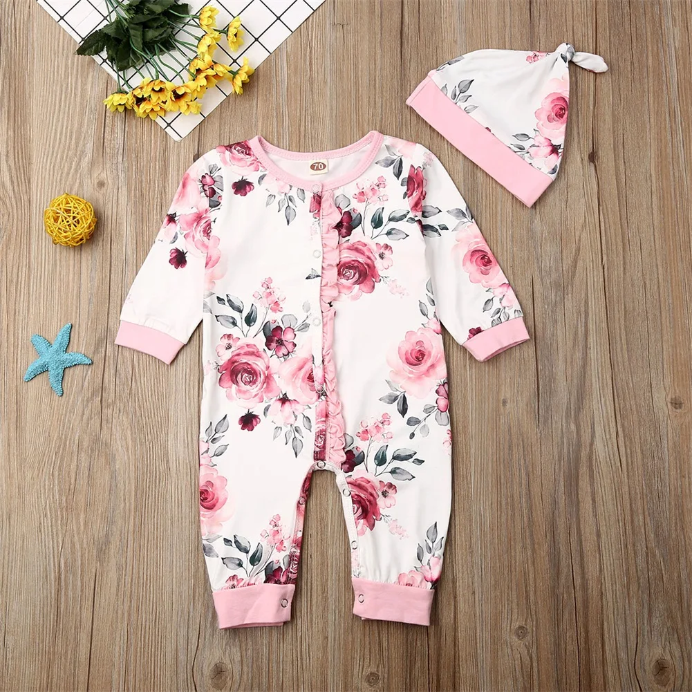 Pudcoco/Одежда для новорожденных девочек с длинными рукавами и цветочным принтом; хлопковый комбинезон шапка с оборками; комплект из 2 предметов