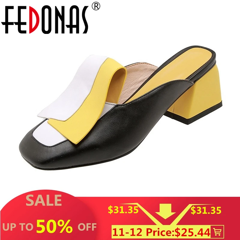 Najtaniej FEDONAS moda mieszana kolorowa skóra pu kobiety pompy klasyczne rzym kwadratowe Toe kopytowe obcasy letnie klapki muły obuwie kobieta