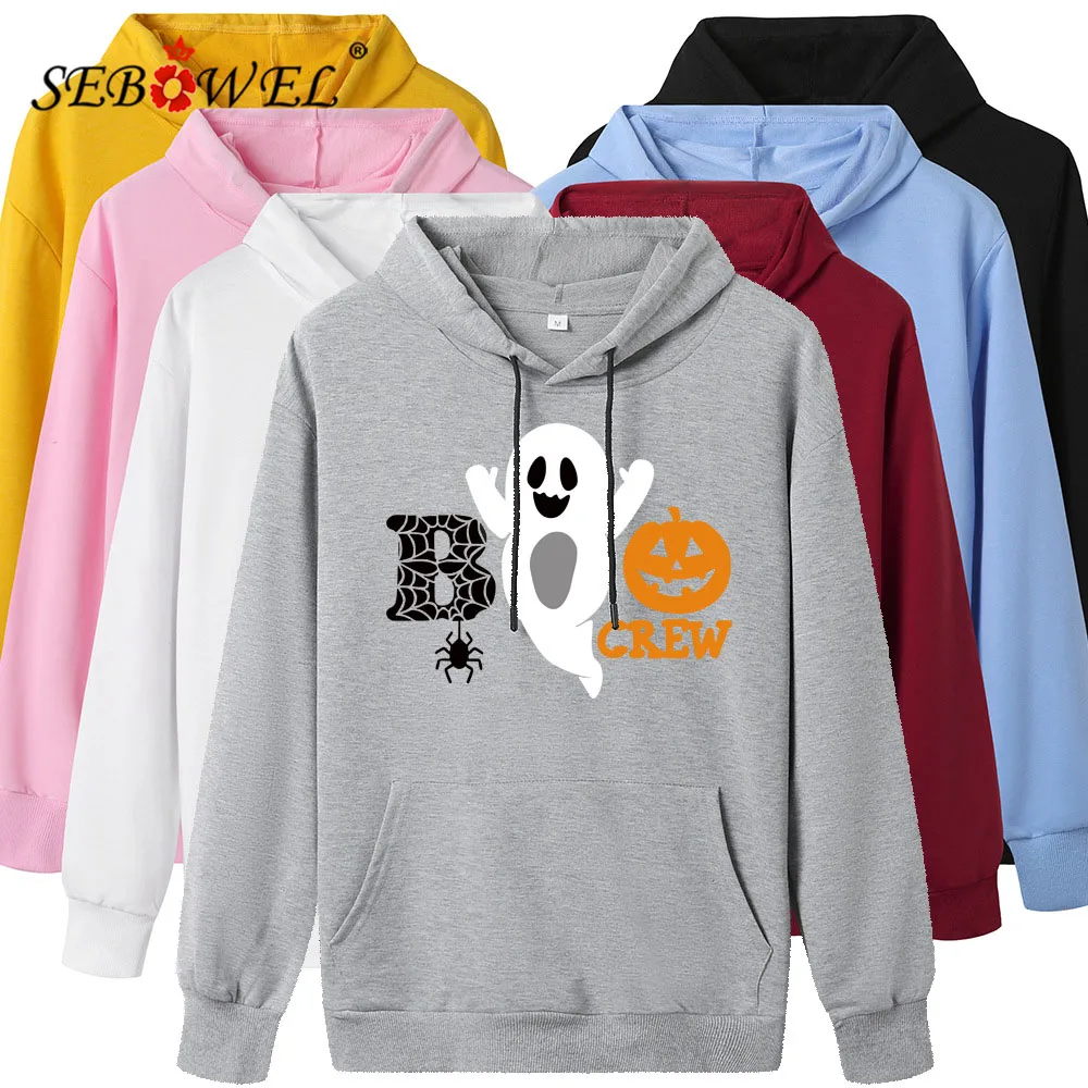 

SEBOWEL Halloween Women Pocket Drawstring Hoodie Sweatshirt Autumn Long Sleeve Pumpkin Pattern Print Pullover Top Clothes XS-XXL