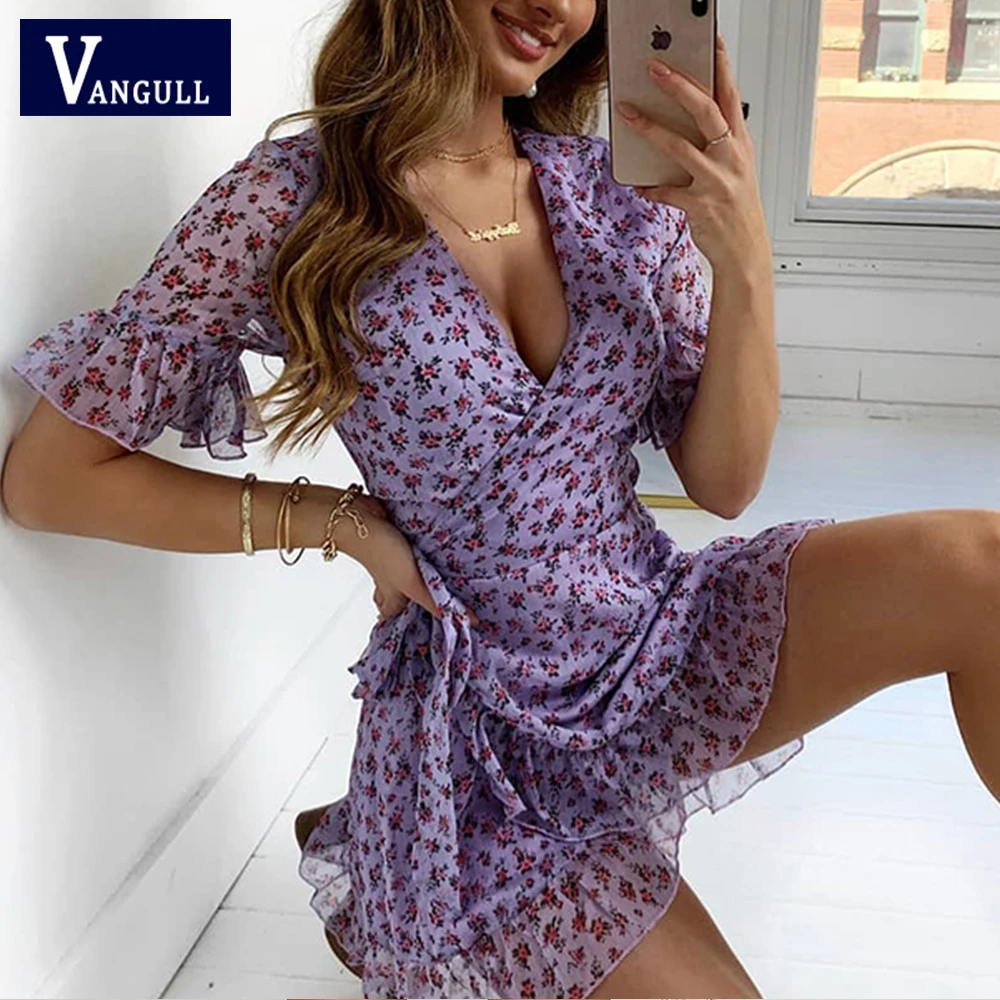 Vangull женское сиреневое платье с цветочным принтом летнее элегантное мини