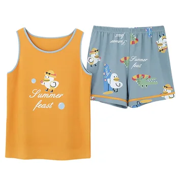 

Summer Knitted Cotton Yellow Duck Pullover Vest Shorts Cute Cartoon Two-Piece Leisure Tops with shorts pajamas for women cotton