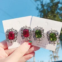MENGQIAO корейский ТВ звезда Блестящий Квадрат Красный Кристалл Серьги гвоздики для женщин элегантный цветок Букле д 'ореиль моды Pendientes