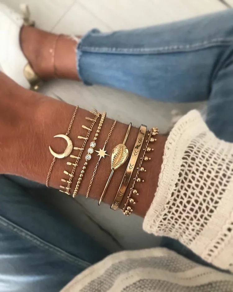 Style20 Boho ювелирные изделия Многослойные кисточкой Лунная ракушка бусины в форме цветка Шарм браслеты на запястье для Для женщин браслет дружбы набор - Окраска металла: Style20