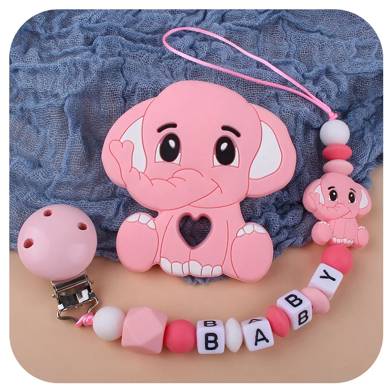Customized Name Newborn Infant Baby Pacifier Clips Chain Elephant Silicone Beads Teether Toy Dummy Holder | Мать и ребенок