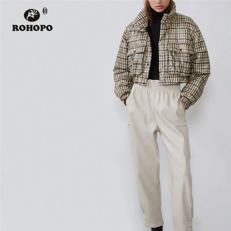 

ROHOPO Stand Collar Lantern Sleeve Parkas Jacket Thin Striped Plaid Flaps Pach Pockets Winter Drawstring Hemt coat #298
