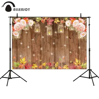 

Allenjoy Birthday Party Backgrounds Wooden Floors Floral Maple Leaves Candlelight Glitter Event Supplies Autumn Wedding Banners