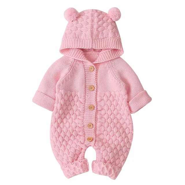 pink romper Зимние детские комбинезоны с рисунками медведя, вязаные комбинезоны для новорожденных мальчиков, одежда для девочек, осенний свитер с длинными рукавами для малышей, детский комбинезон - Цвет: pink romper