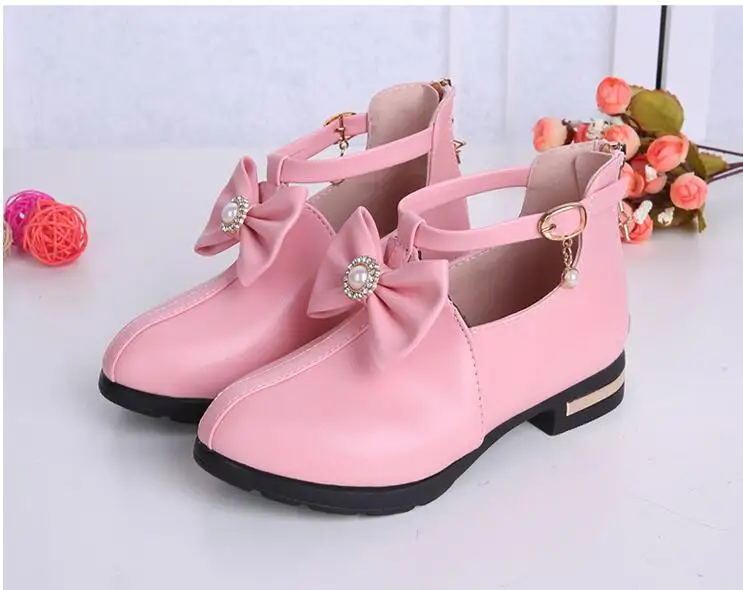 Bowtie Rhinestone Girls Princess Shoes Patent Leather Girls Kids Shoes for Dance Party Child Girl Single Shoe