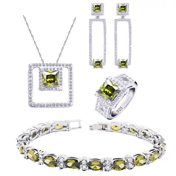 

Green Olive Peridot 925 Silver Jewelry Sets For Women Bracelet Necklace Earrings Ring Pendant Gift Box