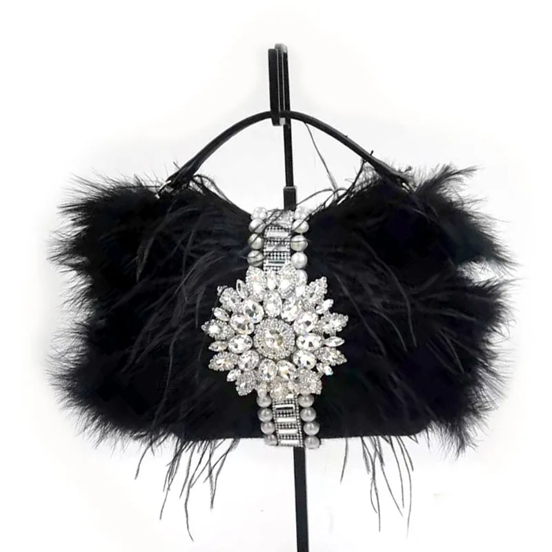 Women evening bag Luxury Real Ostrich Feathers Handbag Women's Pouch Purse Luxury Diamond Evening Party Clutch Bag